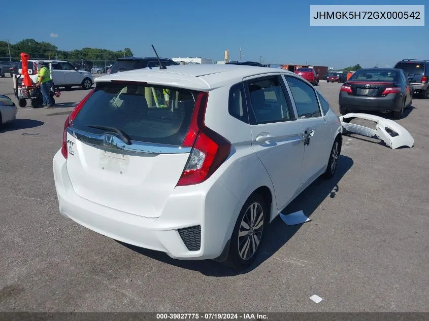 2016 Honda Fit Ex/Exl VIN: JHMGK5H72GX000542 Lot: 39827775