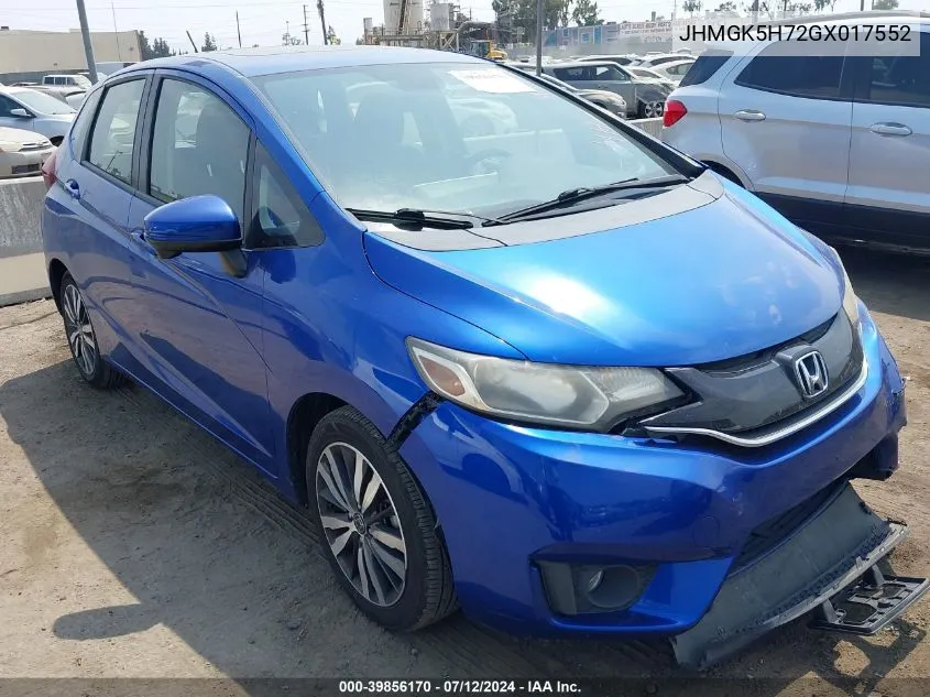 2016 Honda Fit Ex VIN: JHMGK5H72GX017552 Lot: 39856170