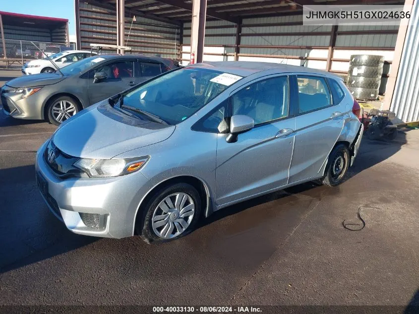 2016 Honda Fit Lx VIN: JHMGK5H51GX024636 Lot: 40033130