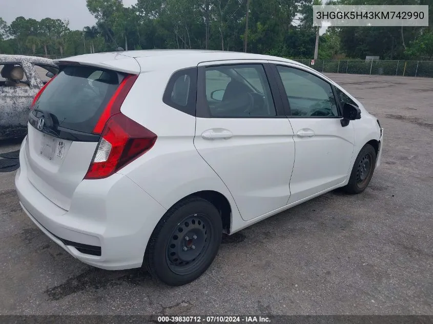 2019 Honda Fit Lx VIN: 3HGGK5H43KM742990 Lot: 39830712