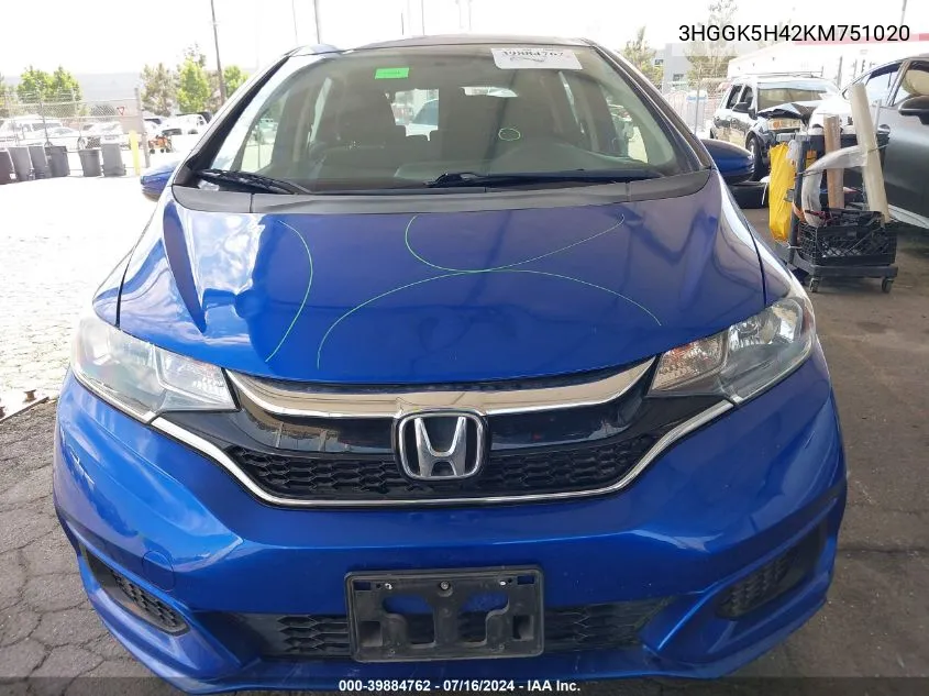 2019 Honda Fit Lx VIN: 3HGGK5H42KM751020 Lot: 39884762