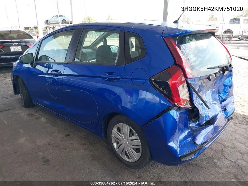 2019 Honda Fit Lx VIN: 3HGGK5H42KM751020 Lot: 39884762