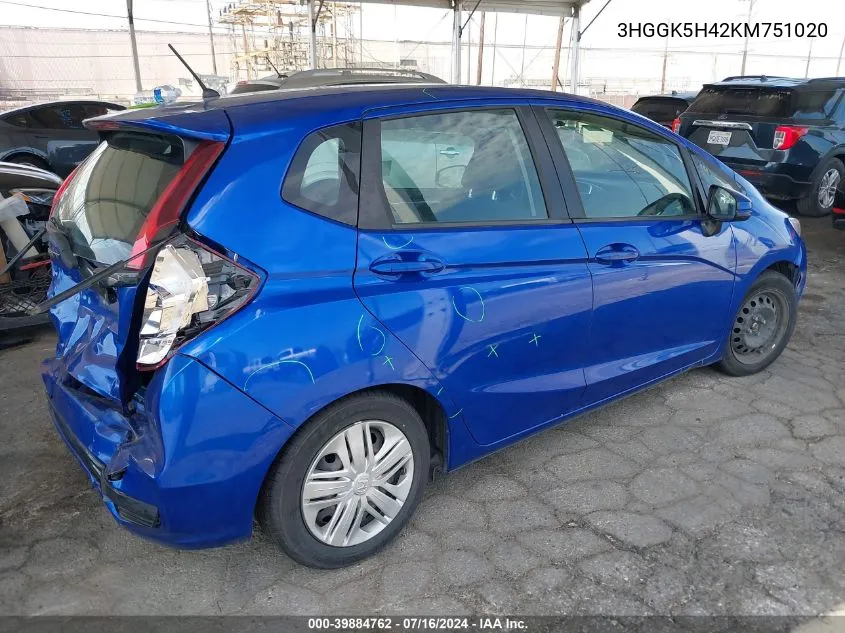 2019 Honda Fit Lx VIN: 3HGGK5H42KM751020 Lot: 39884762