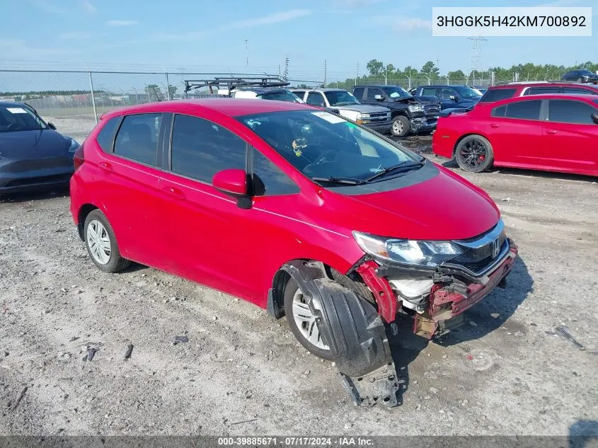 2019 Honda Fit Lx VIN: 3HGGK5H42KM700892 Lot: 39885671