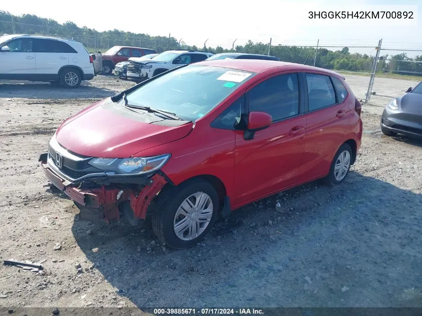 2019 Honda Fit Lx VIN: 3HGGK5H42KM700892 Lot: 39885671