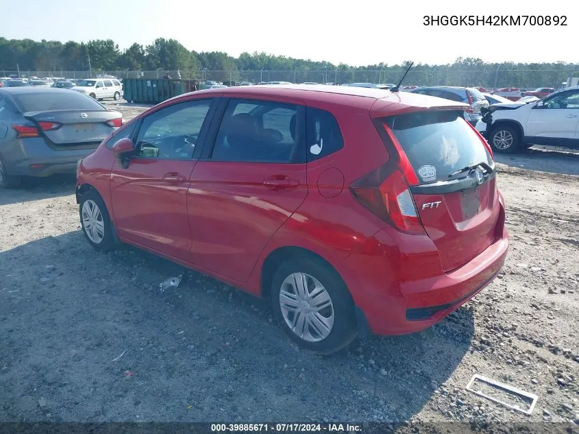 2019 Honda Fit Lx VIN: 3HGGK5H42KM700892 Lot: 39885671