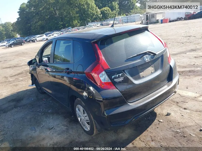 2019 Honda Fit Lx VIN: 3HGGK5H43KM740012 Lot: 40198452