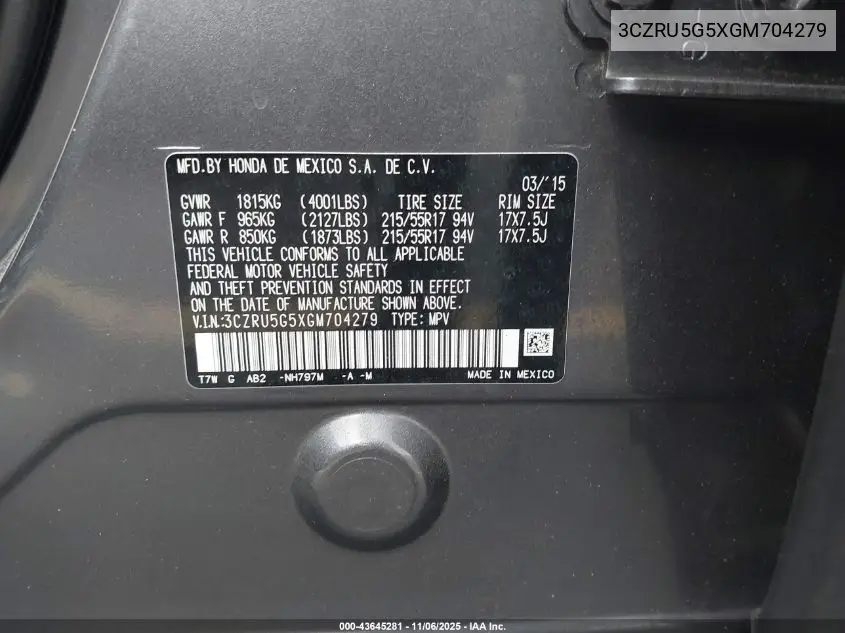 3CZRU5G5XGM704279 2016 Honda Hr-V Ex