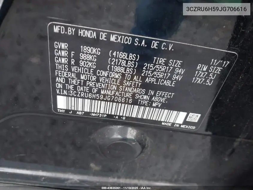 3CZRU6H59JG706616 2018 Honda Hr-V Ex