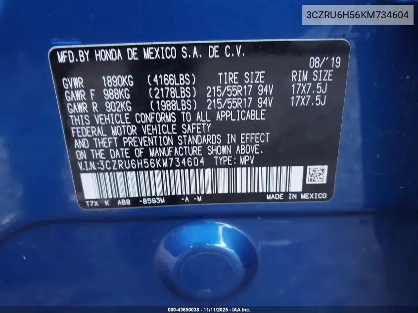 3CZRU6H56KM734604 2019 Honda Hr-V Ex