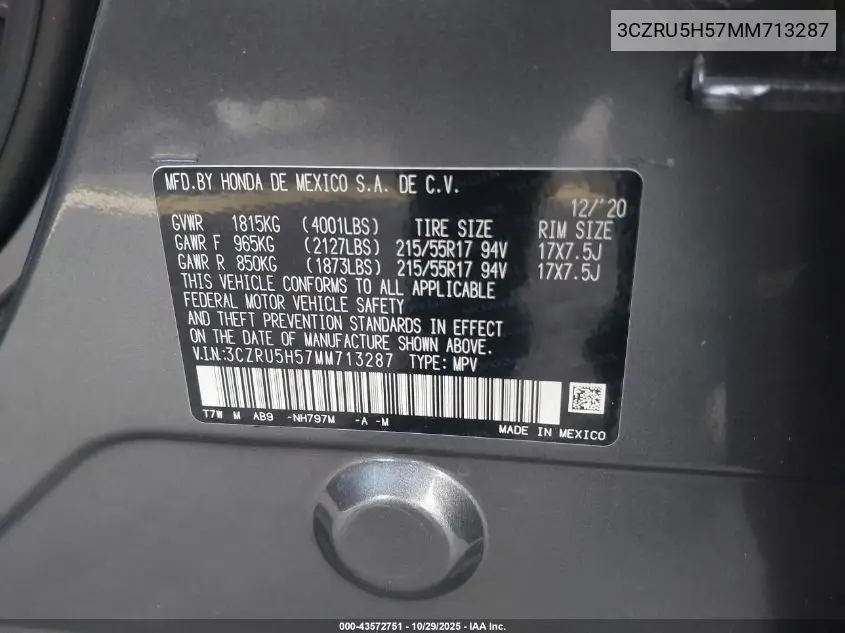 3CZRU5H57MM713287 2021 Honda Hr-V 2Wd Ex