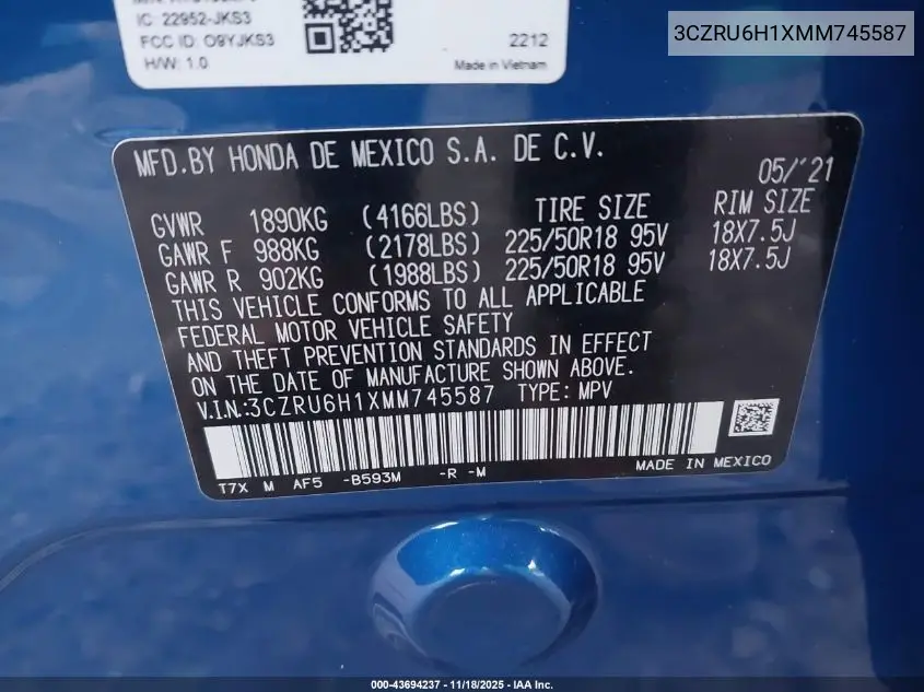 3CZRU6H1XMM745587 2021 Honda Hr-V Awd Sport