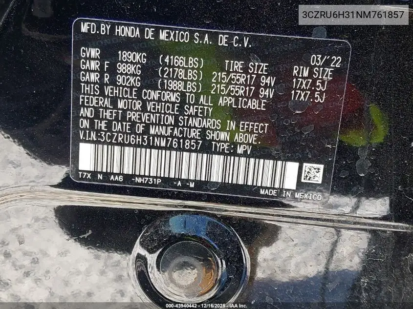 3CZRU6H31NM761857 2022 Honda Hr-V Awd Lx
