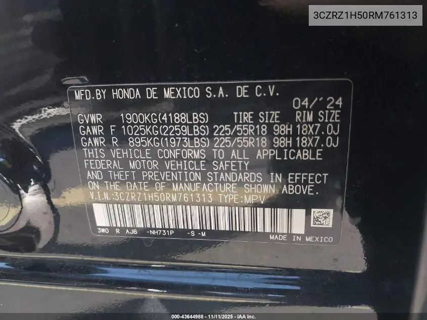 3CZRZ1H50RM761313 2024 Honda Hr-V 2Wd Sport/2Wd Sport W/O Bsi