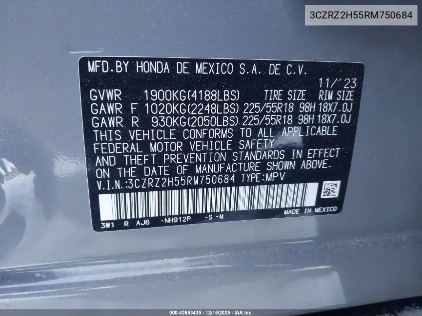 3CZRZ2H55RM750684 2024 Honda Hr-V Awd Sport/Awd Sport W/O Bsi
