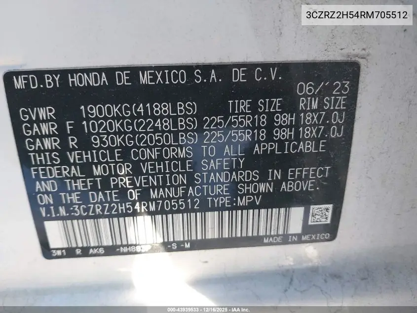 3CZRZ2H54RM705512 2024 Honda Hr-V Awd Sport/Awd Sport W/O Bsi