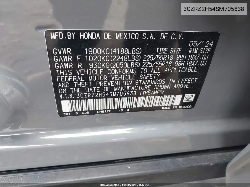 3CZRZ2H54SM705838 2025 Honda Hr-V Awd Sport