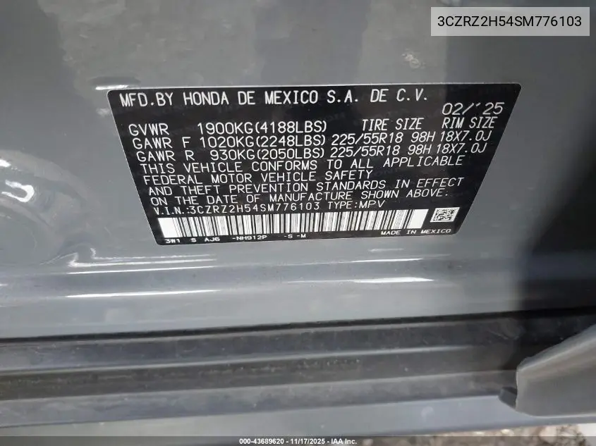 3CZRZ2H54SM776103 2025 Honda Hr-V Awd Sport