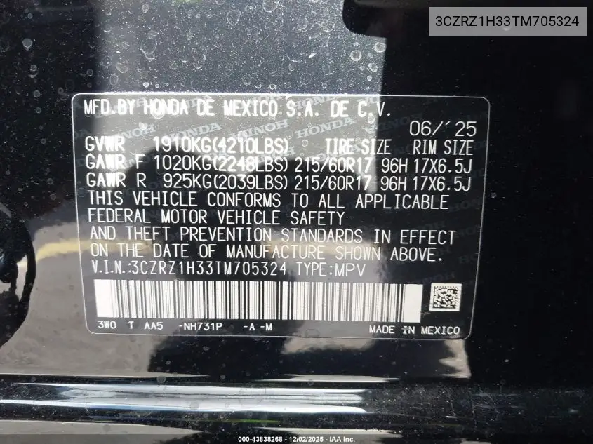 3CZRZ1H33TM705324 2026 Honda Hr-V 2Wd Lx