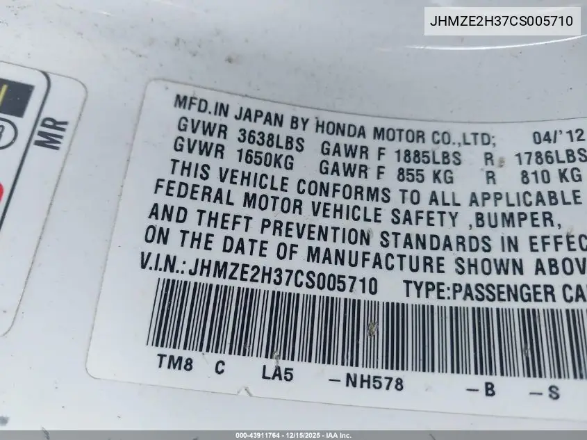 JHMZE2H37CS005710 2012 Honda Insight