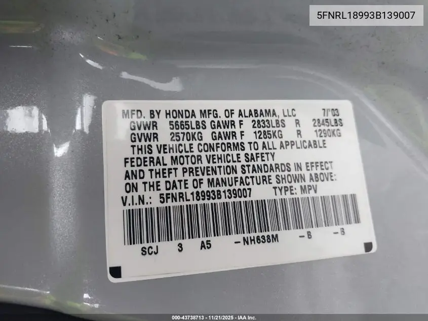 5FNRL18993B139007 2003 Honda Odyssey Ex-L