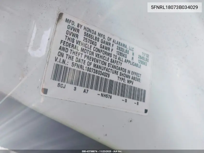 5FNRL18073B034029 2003 Honda Odyssey Ex-L