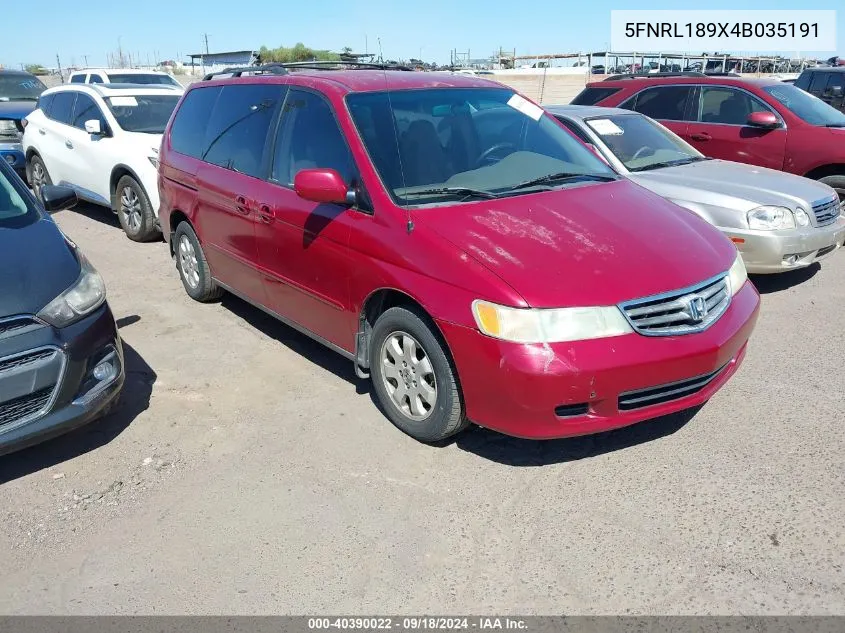 2004 Honda Odyssey Ex-L VIN: 5FNRL189X4B035191 Lot: 40390022