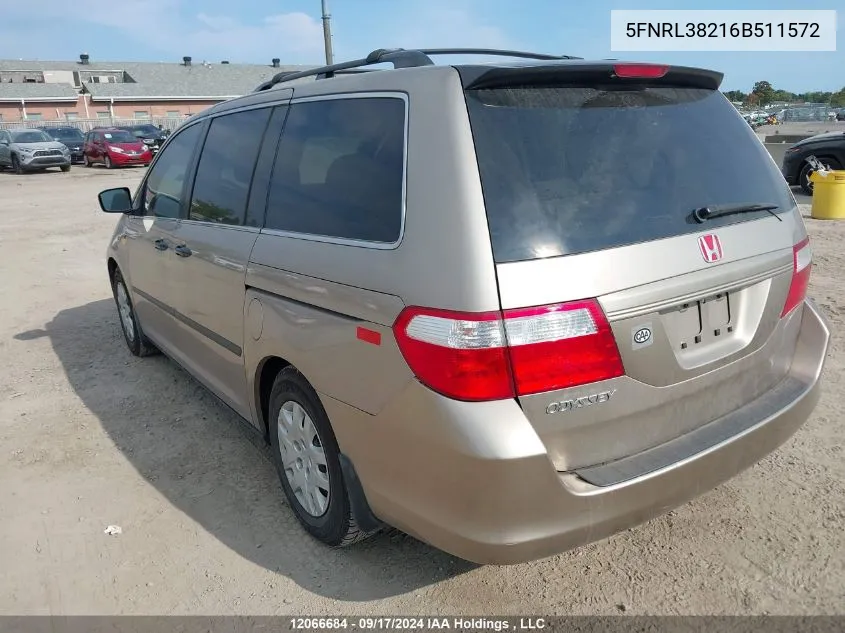 2006 Honda Odyssey VIN: 5FNRL38216B511572 Lot: 12066684