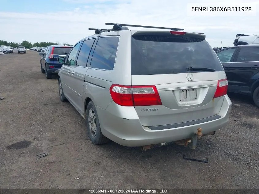 2006 Honda Odyssey Exl VIN: 5FNRL386X6B511928 Lot: 12066941