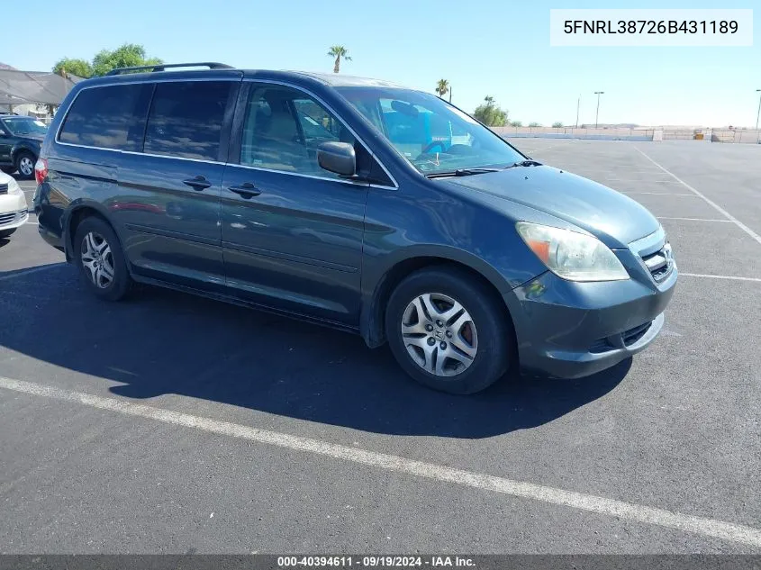 2006 Honda Odyssey Ex-L VIN: 5FNRL38726B431189 Lot: 40394611