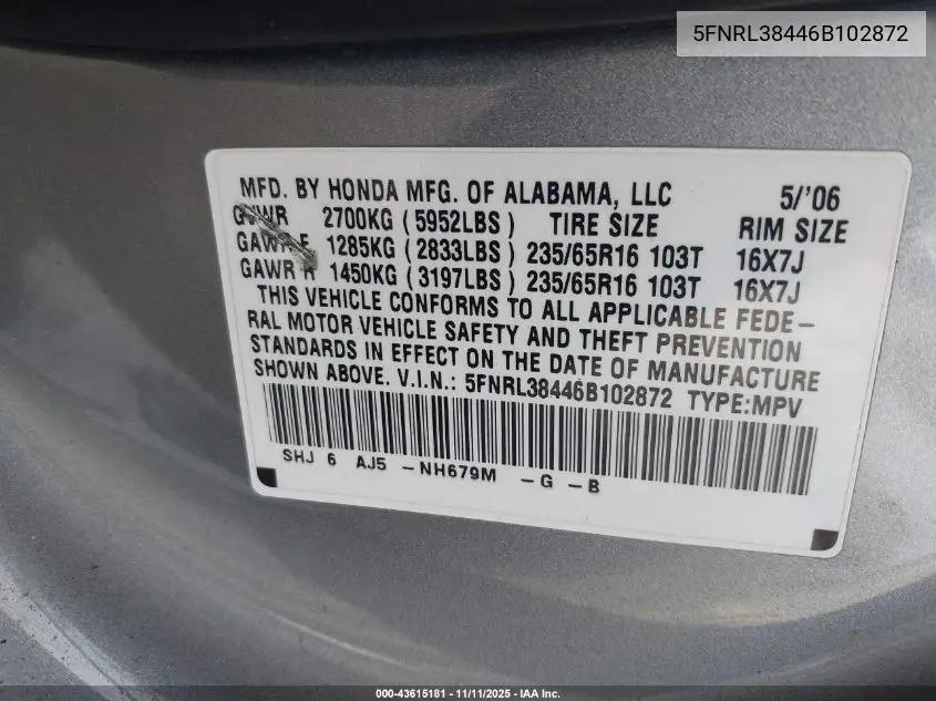 5FNRL38446B102872 2006 Honda Odyssey Ex