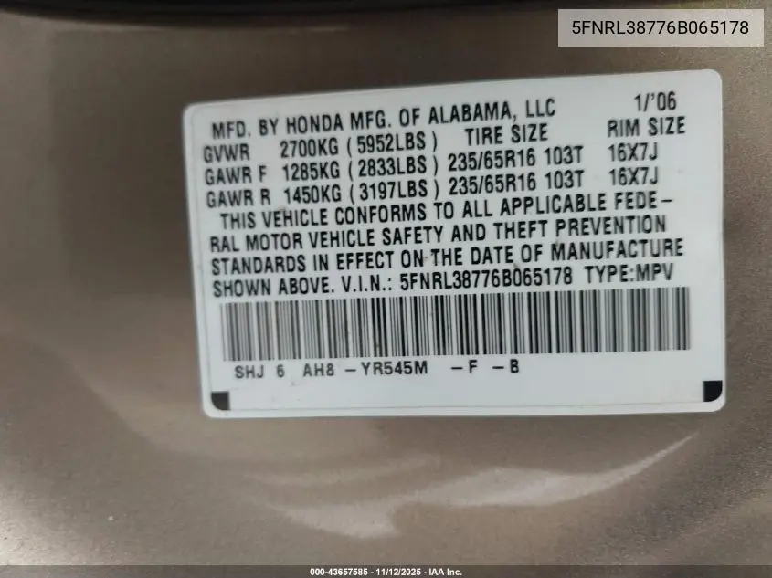 5FNRL38776B065178 2006 Honda Odyssey Ex-L