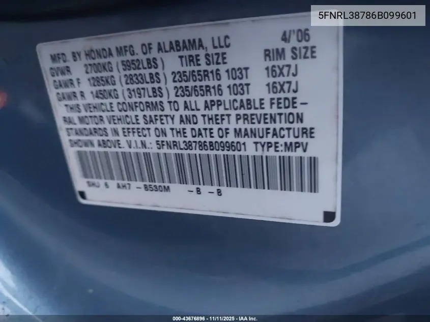 5FNRL38786B099601 2006 Honda Odyssey Ex-L