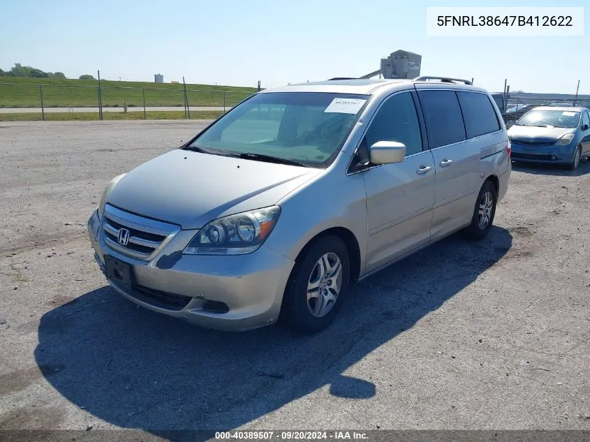 2007 Honda Odyssey Ex-L VIN: 5FNRL38647B412622 Lot: 40389507