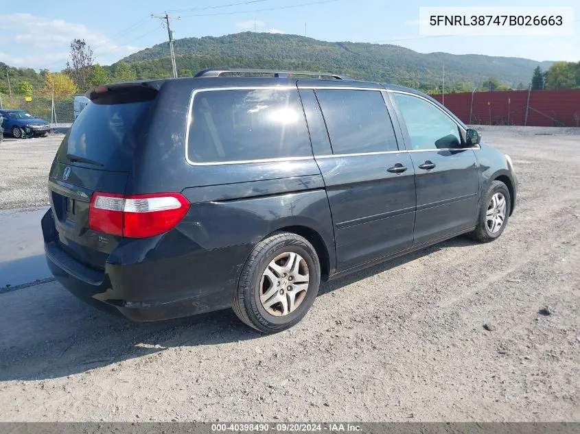 2007 Honda Odyssey Ex-L VIN: 5FNRL38747B026663 Lot: 40398490