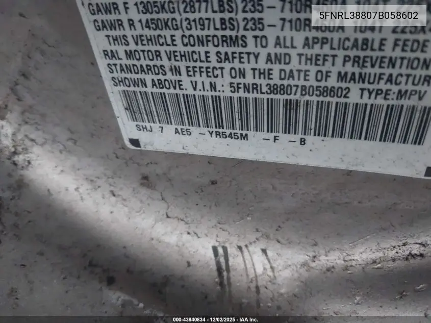 5FNRL38807B058602 2007 Honda Odyssey Touring