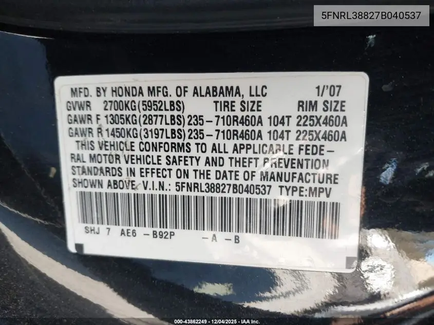 5FNRL38827B040537 2007 Honda Odyssey Touring