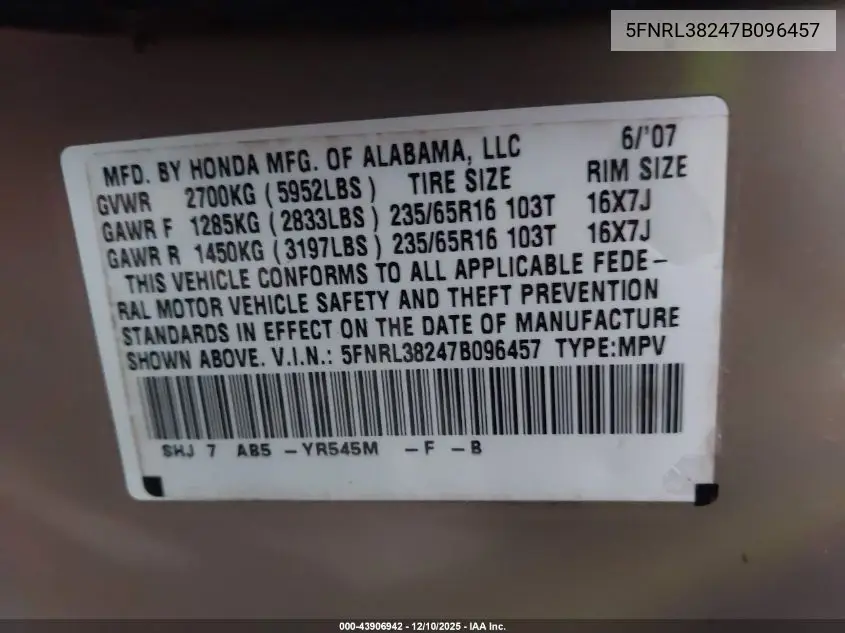 5FNRL38247B096457 2007 Honda Odyssey Lx