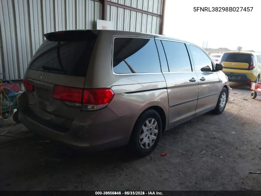 2008 Honda Odyssey Lx VIN: 5FNRL38298B027457 Lot: 39556446