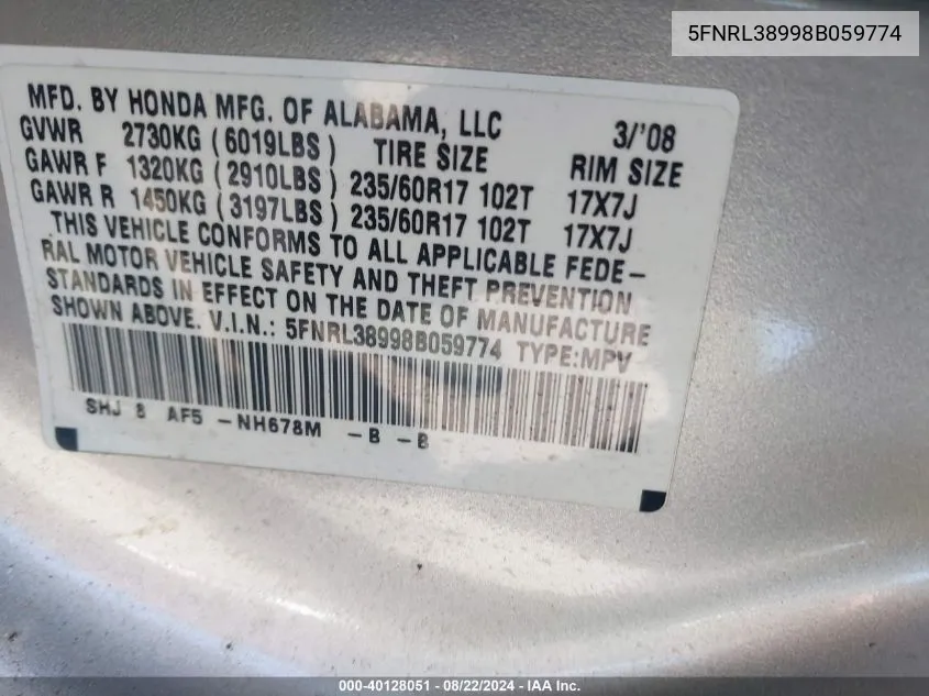 5FNRL38998B059774 2008 Honda Odyssey Touring