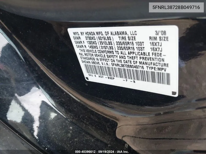 5FNRL38728B049716 2008 Honda Odyssey Ex-L