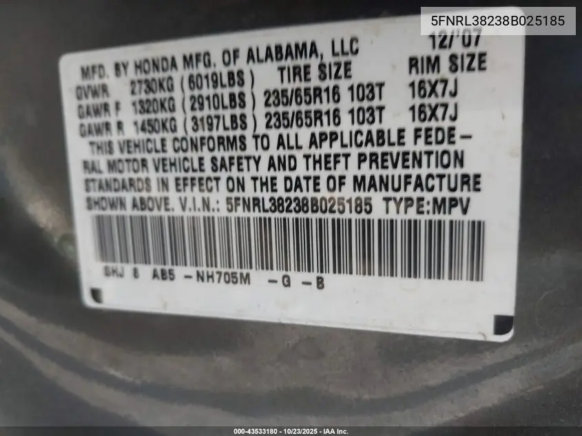 5FNRL38238B025185 2008 Honda Odyssey Lx