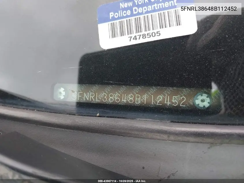 5FNRL38648B112452 2008 Honda Odyssey Ex-L