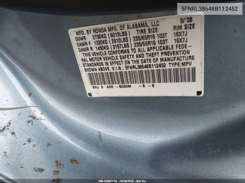 5FNRL38648B112452 2008 Honda Odyssey Ex-L