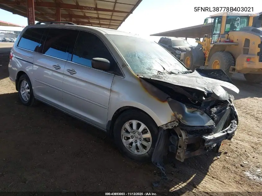 5FNRL38778B403021 2008 Honda Odyssey Ex-L