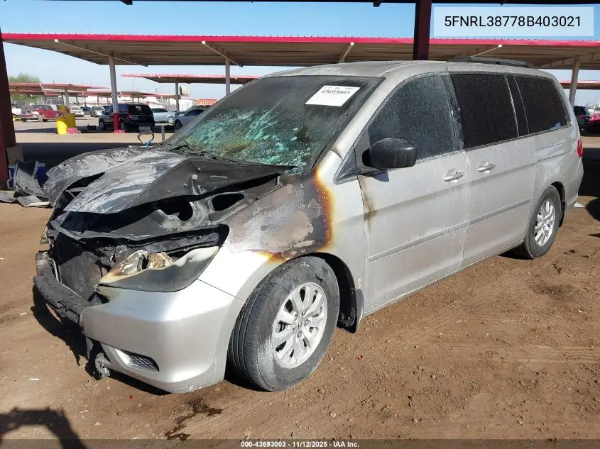 5FNRL38778B403021 2008 Honda Odyssey Ex-L