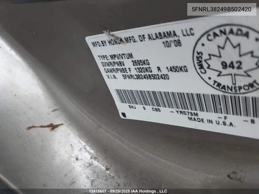 5FNRL38249B502420 2009 Honda Odyssey Lx