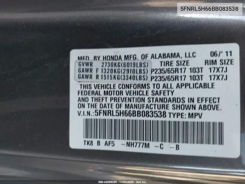 5FNRL5H66BB083538 2011 Honda Odyssey Ex-L