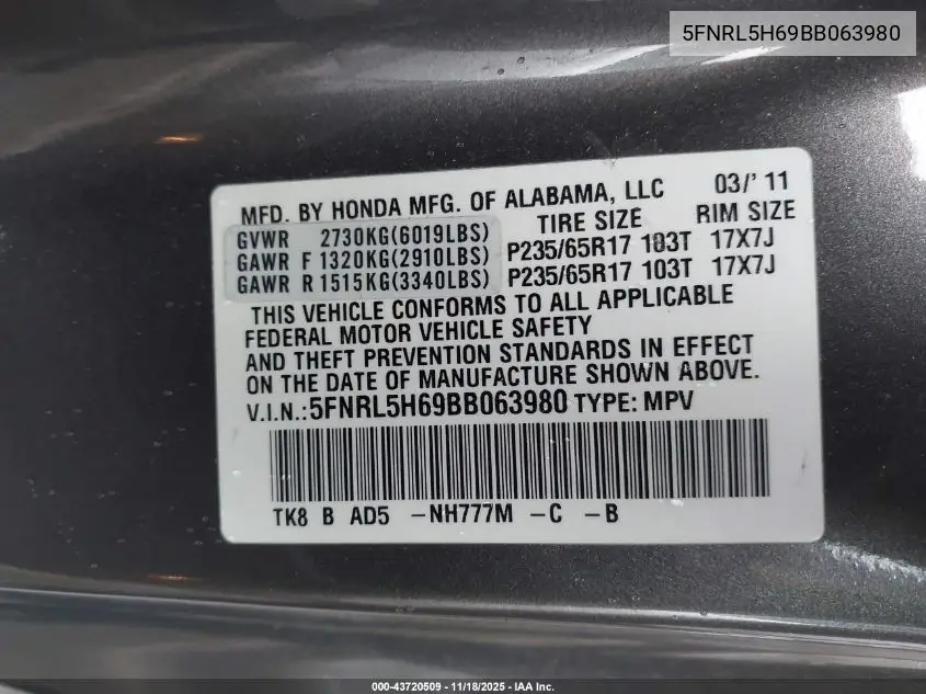 5FNRL5H69BB063980 2011 Honda Odyssey Ex-L