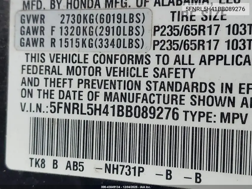 5FNRL5H41BB089276 2011 Honda Odyssey Ex